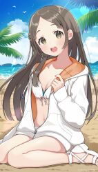 1girl beach bikini binchou_maguro bird blue_sky blush breasts brown_hair cleavage collarbone day dot_nose front-tie_bikini_top front-tie_top gakuen_idolmaster hand_up highres hood hood_down hoodie idolmaster kimi_to_semi_blue_(idolmaster) kuramoto_china lens_flare long_hair long_sleeves looking_at_viewer mountainous_horizon navel ocean open_mouth outdoors palm_tree parted_bangs partially_unzipped sandals seagull sitting sky small_breasts smile solo sparks strappy_heels sweatdrop swimsuit teeth tree twitter_username upper_teeth_only wariza white_bikini white_footwear white_hoodie yellow_eyes zipper zipper_pull_tab