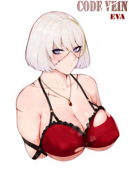 Rule 34 | 1girl, blonde hair, blush, breasts, character name, closed mouth, code vein, collarbone, copyright name, covered erect nipples, cropped torso, eva roux, highres, jewelry, large breasts, laserflip, looking at viewer, multicolored hair, pendant, platinum blonde hair, purple eyes, scar, scar on face, short hair, simple background, solo, streaked hair, upper body, white background
