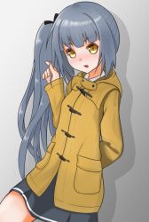 Rule 34 | 1girl, absurdres, against wall, alternate costume, brown coat, brown eyes, coat, commentary request, daichi (daiti1318), grey hair, grey skirt, highres, holding, holding hair, kantai collection, kasumi (kancolle), long hair, looking at viewer, shadow, side ponytail, skirt, solo
