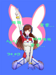 Rule 34 | 1girl, animal print, bad anatomy, blue background, bodysuit, breasts, brown eyes, brown hair, blowing bubbles, chewing gum, clothes writing, covered navel, d.va (overwatch), emblem, emoticon, facepaint, facial mark, full body, headphones, highres, hologram, korean text, long hair, looking at viewer, medium breasts, official alternate costume, overwatch, overwatch 1, pilot suit, qi kou, rabbit print, ribbed bodysuit, skin tight, solo, south korean flag, swept bangs, taegukgi d.va, v, whisker markings
