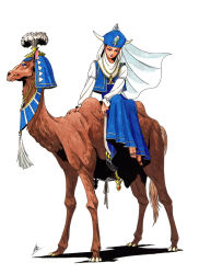 Rule 34 | 1girl, animal, atlus, blue dress, camel, demon, dress, female focus, kazuma kaneko, official art, persona, riding, shin megami tensei, simple background, solo, white background