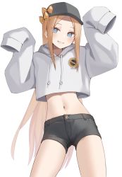 Rule 34 | 1girl, abigail williams (fate), absurdres, black hat, black shorts, blonde hair, blue eyes, blush, bow, breasts, cropped sweater, drawstring, fate/grand order, fate (series), forehead, grin, hat, highres, hood, hooded sweater, kopaka (karda nui), long hair, looking at viewer, midriff, navel, orange bow, parted bangs, short shorts, shorts, sidelocks, sleeves past fingers, sleeves past wrists, small breasts, smile, solo, sweater, thighs, white sweater