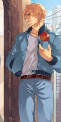 Rule 34 | 01rosso, 10s, 1boy, apple, bad id, bad pixiv id, blonde hair, blue eyes, blue jacket, bomber jacket, food, fruit, jacket, keith goodman, male focus, manly, short hair, solo, tiger &amp; bunny