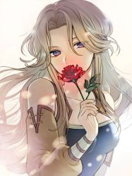Rule 34 | 1girl, amano yoshitaka design, blonde hair, blue eyes, celes chere, final fantasy, final fantasy vi, flower, holding, holding flower, kiyuu, long hair, looking at viewer, parted bangs, rose, simple background, solo, solo focus, white background