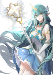 Rule 34 | 1girl, absurdres, bare shoulders, blue dress, breasts, choker, dress, frilled dress, frills, gem, gloves, green choker, green eyes, green hair, grey background, hair between eyes, hair ornament, highres, holding, holding staff, horns, large breasts, league of legends, long hair, official alternate costume, parted lips, pointy ears, saikayo, single horn, solo, soraka (league of legends), staff, star (symbol), star guardian (league of legends), star guardian soraka, teeth, white background, white dress, white gloves, wings