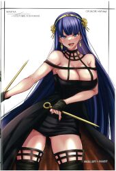 Rule 34 | 1girl, absurdres, bare shoulders, blue eyes, blue hair, blush, breasts, character name, cleavage, collarbone, copyright name, cosplay, dagger, dress, dual wielding, earrings, fate/grand order, fate (series), fingernails, gloves, hair ornament, hairband, hayami saori, highres, holding, holding weapon, jewelry, knife, large breasts, lips, long hair, looking at viewer, martha (fate), nail polish, open mouth, overskirt, reverse grip, scan, simple background, smile, solo, spy x family, takecha, teeth, thighhighs, thighs, upper teeth only, very long hair, voice actor connection, weapon, white background, yor briar, yor briar (cosplay), zettai ryouiki