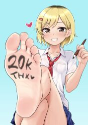 Rule 34 | 1girl, ashigaki reina (hinosaki), bare legs, barefoot, blonde hair, blue background, blue skirt, blush, body writing, breasts, brown eyes, close-up, commentary request, crossed legs, earrings, eyelashes, feet, foot focus, foot out of frame, foot up, foreshortening, gradient background, hair ornament, hairclip, hand up, highres, hinosaki, holding, jewelry, legs, medium hair, milestone celebration, miniskirt, necktie, original, paid reward available, paintbrush, parted bangs, pink nails, presenting foot, red necktie, school uniform, shirt, short sleeves, skirt, small breasts, soles, solo, stud earrings, swept bangs, teeth, thighs, toes, white shirt