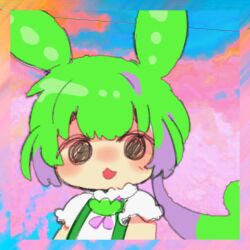 Rule 34 | 1girl, @ @, abstract background, album cover, blush, border, brooch, chestnut mouth, collaboration, collared shirt, cover, egaki gou, green hair, highres, jewelry, kyogen, long hair, looking at viewer, low ponytail, multicolored background, neck ribbon, open mouth, pea pod, pink ribbon, portrait, ribbon, second-party source, shirt, short sleeves, solo, suspenders, voicevox, white shirt, zundamon