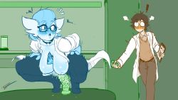 Rule 34 | 1boy, 1girl, :o, blush, breasts, brown hair, choker, clothed sex, creatures (company), dildo, dildo riding, door, dr. voir (nanosheep), english text, fakeryway, game freak, gardevoir, gen 3 pokemon, glasses, hetero, highres, huge breasts, lab coat, looking at viewer, monster girl, nanosheep (character), nintendo, nipples, object insertion, open door, open mouth, pokemon, sex, sex toy, squatting, thighhighs, vaginal, vaginal object insertion, walk-in