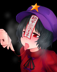 Rule 34 | 1girl, black background, black hair, black ribbon, blood, breath, commentary request, hat, heart, heart-shaped pupils, highres, jakomurashi, miyako yoshika, ofuda, out of frame, purple hat, red eyes, red shirt, ribbon, shirt, short hair, simple background, solo focus, star (symbol), symbol-shaped pupils, tongue, tongue out, torogao, touhou, upper body