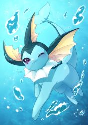 Rule 34 | ;), aije, air bubble, blurry, bubble, closed mouth, commentary request, creatures (company), full body, game freak, gen 1 pokemon, highres, nintendo, no humans, one eye closed, pokemon, pokemon (creature), purple eyes, signature, smile, solo, underwater, vaporeon