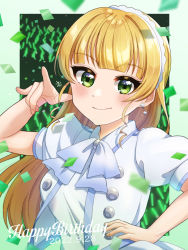 Rule 34 | 1girl, absurdres, birthday, blonde hair, blunt bangs, blush, breasts, commentary, confetti, dated, earrings, glowstick, green background, green eyes, hairband, hand on own hip, happy birthday, heanna sumire, highres, jewelry, kyaku tasu, long hair, looking at viewer, love live!, love live! superstar!!, medium breasts, signature, solo, straight hair, white hairband