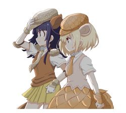Rule 34 | &gt;:(, &gt;:), 10s, 2girls, adjusting clothes, adjusting headwear, animal ears, armadillo ears, armadillo tail, arms at sides, beige vest, beret, blonde hair, blue eyes, blue hair, blush, brown skirt, brown vest, collar, collared shirt, commentary request, cowboy shot, elbow pads, from side, frown, giant armadillo (kemono friends), giant pangolin (kemono friends), hand on own hip, hat, jpeg artifacts, kadoko, kemono friends, long hair, multiple girls, necktie, orange necktie, pangolin ears, pangolin tail, pleated skirt, profile, shirt, short hair, short sleeves, shoulder pads, simple background, skirt, smile, tail, tareme, v-shaped eyebrows, vest, walking, white background, white shirt, yellow skirt