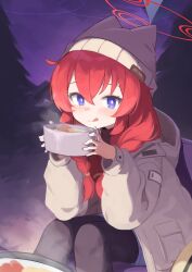 Rule 34 | 1girl, :d, absurdres, animal ear headwear, animal ears, blue archive, blush, fake animal ears, food, grey hat, hat, highres, holding, jacket, klaius, maki (blue archive), open mouth, red hair, sitting, smile, solo