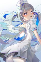 Rule 34 | + +, 1girl, absurdres, amane kanata, amane kanata (nurse), angel wings, apron, ass, blue background, blue hair, blunt bangs, blush, commentary, dress, english commentary, feathered wings, frilled apron, frills, from behind, gradient background, grey hair, hair ornament, hat, highres, hololive, long hair, looking at viewer, looking back, may.l, multicolored hair, nurse, nurse cap, open mouth, pantyhose, pleated dress, puffy short sleeves, puffy sleeves, purple eyes, short sleeves, single hair intake, solo, twintails, two-tone hair, v-shaped eyebrows, very long hair, virtual youtuber, white apron, white background, white dress, white hat, white pantyhose, white wings, wings, x hair ornament