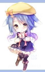 Rule 34 | 1girl, animal ears, azur lane, black thighhighs, blue dress, blue hair, boots, brown eyes, brown footwear, chibi, commentary request, dress, hair ornament, hairclip, hat, kabocha usagi, knee boots, minazuki (azur lane), own hands together, rabbit ears, short hair, solo, standing, standing on one leg, thighhighs, yellow hat