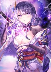 Rule 34 | 1girl, blush, braid, breasts, bridal gauntlets, cleavage, commentary, commentary request, electricity, fukase ayaka, genshin impact, hair ornament, japanese clothes, katana, kimono, large breasts, long hair, long sleeves, looking at viewer, low-braided long hair, low-tied long hair, mole, mole under eye, musou isshin (genshin impact), nail polish, obi, off shoulder, parted lips, purple background, purple eyes, purple hair, purple kimono, purple nails, raiden shogun, sash, shrug (clothing), solo, sword, very long hair, weapon, wide sleeves