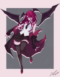 Rule 34 | 1girl, bare shoulders, black-framed eyewear, black jacket, black neckwear, black skirt, black thighhighs, black wings, blush, breasts, commentary request, dated, demon wings, full body, glasses, grey background, hair over one eye, head wings, highres, jacket, koakuma, long hair, looking at viewer, medium breasts, miniskirt, necktie, open mouth, pencil skirt, pink background, pink eyes, red footwear, red hair, scarlet zel, semi-rimless eyewear, shoes, signature, skirt, sleeveless, thighhighs, touhou, two-tone background, under-rim eyewear, wings, zettai ryouiki