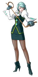 Rule 34 | 1girl, absurdres, ace attorney, blue eyes, blue hair, capcom, earrings, franziska von karma, full body, gloves, high heels, highres, jewelry, legs, looking at viewer, matching hair/eyes, mole, mole under eye, official art, pantyhose, pencil skirt, shoes, short hair, simple background, skirt, solo, standing, whip, white background