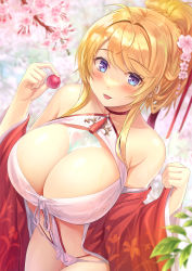 Rule 34 | 1girl, azur lane, blonde hair, blue eyes, breasts, cherry blossoms, cleavage, floral print, flower, glorious (azur lane), glorious (pungent plum) (azur lane), hair flower, hair ornament, highres, himamo, japanese clothes, kimono, large breasts, long hair, looking at viewer, official alternate costume, open mouth, parted bangs, ponytail, print kimono, red kimono, smile, solo, sweat