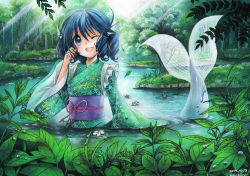 Rule 34 | 1girl, ;d, animal ears, blue eyes, blue hair, fins, head fins, japanese clothes, kimono, light rays, matching hair/eyes, mermaid, monster girl, mosho, nature, obi, one eye closed, open mouth, outdoors, painting (medium), plant, pond, sash, short hair, signature, smile, solo, sunlight, touhou, traditional media, tree, wakasagihime, water drop, watercolor (medium)