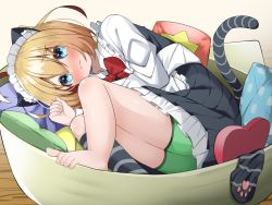 Rule 34 | 1boy, animal ears, apron, barefoot, blonde hair, blue eyes, blush, bob cut, bow, bowtie, boxer briefs, cat ears, cat tail, closed mouth, crossdressing, cushion, dress, embarrassed, fake animal ears, fake tail, feet, full-face blush, fuwaja iru, green male underwear, looking at viewer, lying, maid, maid apron, maid headdress, male focus, male underwear, on side, original, paw print soles, red bow, red bowtie, single thighhigh, solo, tail, thighhighs, unworn thighhighs, toes, trap, underwear
