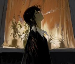 Rule 34 | 1girl, black eyes, black hair, black jacket, braid, collared shirt, curtains, from side, guigui rongrong, highres, indoors, injury, jacket, long hair, long sleeves, looking at viewer, original, parted lips, plant, potted plant, shirt, single braid, smoke, smoking, solo, table, upper body, white shirt