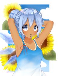 Rule 34 | 1girl, absurdres, alternate hairstyle, armpits, arms up, artist name, bad id, bad pixiv id, bare arms, blue dress, blue eyes, blue hair, blue sky, blush, border, breasts, cirno, cloud, collarbone, commentary request, day, dress, flower, hair between eyes, hair tie, highres, ice, ice wings, looking up, mouth hold, outside border, ponytail, red ribbon, ribbon, shinonome asu, short hair, short ponytail, sky, sleeveless, sleeveless dress, small breasts, solo, spaghetti strap, sunflower, tan, tanline, tanned cirno, touhou, twitter username, tying hair, upper body, white border, wings