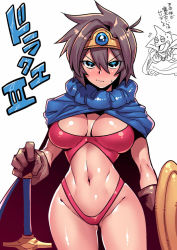Rule 34 | 1girl, baramos, breasts, brown hair, circlet, closed mouth, dragon quest, dragon quest iii, gloves, looking at viewer, monster, roto (dq3), shield, short hair, simple background, smile, swimsuit, sword, tukiwani, weapon, white background
