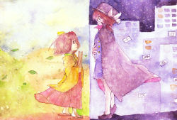 Rule 34 | 2girls, book, brown eyes, brown hair, cape, cityscape, glasses, hair ornament, hat, height difference, hieda no akyuu, japanese clothes, kimono, leaf, looking at another, multiple girls, painting (medium), purple eyes, purple hair, school uniform, shiz (#0077), short hair, skirt, touhou, traditional media, twintails, usami sumireko, watercolor (medium), zener card