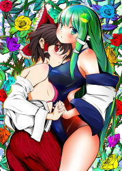 Rule 34 | 2girls, adapted costume, alternate costume, asymmetrical docking, bad id, bad pixiv id, bare shoulders, bikini, blue flower, blue rose, blush, breast press, breasts, brown hair, competition swimsuit, cowboy shot, detached sleeves, female focus, floral background, flower, frog, green eyes, green hair, hair ornament, hakurei reimu, holding hands, interlocked fingers, japanese clothes, kochiya sanae, long hair, medium breasts, miko, multiple girls, one-piece swimsuit, orange flower, orange rose, outline, pink flower, pink rose, purple flower, purple rose, red eyes, red flower, red rose, reri, rose, short hair, sideboob, snake, swimsuit, touhou, yellow flower, yellow rose