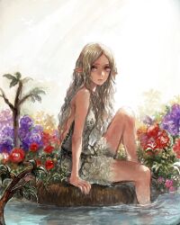 Rule 34 | 1girl, bad drawr id, bad id, bare arms, bare legs, bare shoulders, beads, blonde hair, blue eyes, blue nails, character request, closed mouth, copyright request, dress, elf, em (emily), flower, long hair, looking at viewer, nail polish, oekaki, original, outdoors, parted bangs, plant, pointy ears, purple flower, red flower, sitting, soaking feet, solo, tree, water