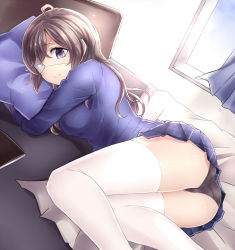 Rule 34 | 1girl, ahoge, black panties, breasts, brown hair, closed mouth, commentary request, curtains, eyepatch, highres, light smile, long hair, long sleeves, looking at viewer, lying, medical eyepatch, medium breasts, neit ni sei, on side, on stomach, original, panties, pillow, purple eyes, solo, thighs, underwear, white legwear, window