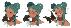 Rule 34 | 1girl, absurdres, black hands, blush, close-up, colored extremities, dark-skinned female, dark skin, double bun, grin, hair bun, hand to own mouth, highres, looking at viewer, multiple views, nose picking, one eye closed, original, parted lips, porqueloin, portrait, rebi (porqueloin), red eyes, simple background, smile, spiked hair, teeth, waving, white background