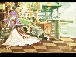Rule 34 | 2girls, alternate costume, architecture, bad id, bad pixiv id, book, book stack, bookshelf, checkered floor, cosmic (crownclowncosmic), crescent, east asian architecture, egasumi, green eyes, hair ornament, head rest, highres, hong meiling, japanese clothes, kimono, lantern, letterboxed, long hair, looking at viewer, multiple girls, patchouli knowledge, purple eyes, purple hair, red hair, rhinoceros, signature, sitting, smoke, tile floor, tiles, touhou, very long hair, yukata