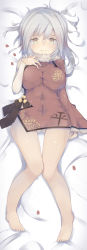 Rule 34 | 1girl, asymmetrical sleeves, bad id, bad pixiv id, bare legs, barefoot, bed sheet, black ribbon, blush, breasts, cer (cerber), china dress, chinese clothes, closed mouth, detached sleeves, dress, floral print, full body, fur trim, gluteal fold, highres, large breasts, long sleeves, looking at viewer, lying, navel, on back, petals, ping hai (warship girls r), red dress, ribbon, silver hair, solo, uneven sleeves, warship girls r, wide sleeves, yellow eyes