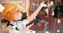 Rule 34 | 1girl, absurdres, animal, animal on shoulder, arm up, artist name, bad id, bad pixiv id, black bow, black cat, blurry, blurry foreground, book, bookshelf, bow, bug, butterfly, butterfly on nose, cat, cat on shoulder, commentary request, depth of field, dokomon, flask, flower, hair between eyes, hair bow, highres, indoors, insect, long hair, low ponytail, on nose, on shoulder, orange hair, original, paper, parted lips, ponytail, profile, red eyes, round-bottom flask, solo, white flower