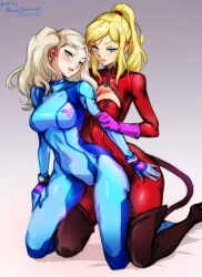 Rule 34 | 2023, 2girls, artist name, behind another, blonde hair, blue bodysuit, blue eyes, bodysuit, boots, breasts, cat tail, cleavage, closed mouth, cosplay, costume switch, crossover, dated, fake tail, female focus, gloves, green eyes, high ponytail, kneeling, large breasts, lips, looking at viewer, medium breasts, metroid, mina cream, multiple girls, nintendo, parted lips, persona, persona 5, purple gloves, red bodysuit, samus aran, skin tight, tail, takamaki anne, thigh boots, trait connection, twintails, zero suit