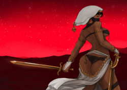 Rule 34 | 1girl, ass, back, black hair, breasts, dark-skinned female, dark skin, earrings, female focus, from behind, gold, jewelry, lots of jewelry, madarame, mask, mouth mask, original, red background, red eyes, sand, sideboob, simple background, solo, standing, sword, underwear, weapon