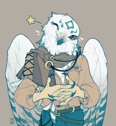 Rule 34 | 1boy, artist name, beak, belt, bird boy, bird wings, blue pants, brown jacket, brown scarf, buttons, commentary, english commentary, feathered wings, feathers, furry, furry male, grey background, head tilt, highres, interlocked fingers, jacket, long sleeves, looking at viewer, male focus, one eye closed, original, owl boy, own hands together, pants, scarf, shuini xiaomao, signature, simple background, smile, solo, standing, star (symbol), talons, upper body, white feathers, wings, yellow eyes