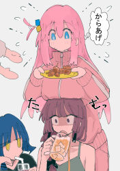 Rule 34 | 4girls, alcohol, bare arms, beer, beer mug, blue eyes, blue hair, blush, bocchi the rock!, braid, breast rest, breasts, breasts on head, commentary request, cube hair ornament, cup, dress, drinking straw, drinking straw in mouth, earrings, flying sweatdrops, fried chicken, gotoh hitori, gotoh hitori (octopus), gotoh hitori (tsuchinoko), green dress, grey background, hair ornament, hair wagging, highres, hiroi kikuri, holding, holding plate, htnn111, ice, ice cube, jacket, jewelry, large breasts, long hair, long sleeves, looking at another, mole, mole under eye, mug, multiple girls, open mouth, pants, pink hair, pink jacket, pink pants, plate, purple eyes, purple hair, simple background, single braid, thought bubble, track jacket, translation request, yamada ryo, yellow eyes