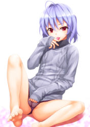 Rule 34 | 1girl, :p, ahoge, alternate costume, aran sweater, ass, bare legs, barefoot, black panties, blue hair, blush, cable knit, cameltoe, commentary request, feet out of frame, grey sweater, hair between eyes, hand up, knee up, long sleeves, looking at viewer, matsujirou, no headwear, no pants, panties, red eyes, remilia scarlet, ribbed sweater, short hair, simple background, sitting, sleeves past wrists, solo, sweater, thighs, tongue, tongue out, touhou, turtleneck, turtleneck sweater, underwear, white background
