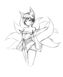 Rule 34 | 1girl, ahri (league of legends), alternate breast size, alternate hair length, alternate hairstyle, animal ears, bare shoulders, breasts, cowboy shot, cropped legs, detached sleeves, dress, facial mark, fox ears, fox tail, greyscale, korean clothes, league of legends, monochrome, multiple tails, ricegnat, short hair, sketch, small breasts, solo, strapless, strapless dress, tail, whisker markings