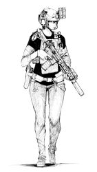 Rule 34 | 1girl, assault rifle, belt, full body, gloves, glowstick, greyscale, gun, highres, holding, holding gun, holding weapon, holster, layered sleeves, load bearing vest, long sleeves, looking to the side, m4 carbine, monochrome, original, pants, pen guin15, radio, rifle, shirt, short hair, short over long sleeves, short sleeves, simple background, solo, suppressor, t-shirt, trigger discipline, utility belt, weapon