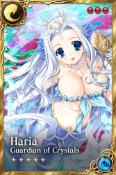 Rule 34 | 1girl, :d, age of ishtaria, blush, bracelet, breasts, character name, cleavage, crown, earrings, gloves, haria, holding, jewelry, large breasts, long hair, looking at viewer, necklace, open mouth, shell, silver hair, smile, solo