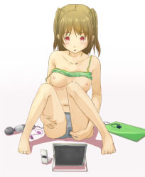 Rule 34 | 1girl, bad id, bad pixiv id, bare shoulders, barefoot, blush, body exploration, breasts, brown hair, cellphone, clothed masturbation, clothes lift, computer, egg vibrator, female masturbation, fingering, fingering through clothes, full body, hitachi magic wand, laptop, long hair, masturbation, masturbation through clothes, mirror, navel, nipples, no bra, okeyataru, original, panties, phone, pussy juice stain, red eyes, sex toy, shirt lift, simple background, sitting, solo, strap slip, through clothes, two side up, underwear, vibrator, wet, wet clothes, wet panties, white background