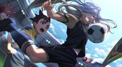 3boys ball black_footwear black_hair black_shirt black_shorts blue_sky blue_socks cloud dark-skinned_male dark_skin dolustoy green_eyes grey_hair haizaki_ryouhei highres inamori_asuto inazuma_eleven_(series) inazuma_eleven_ares_no_tenbin kneehighs long_hair male_focus midriff_peek multiple_boys open_mouth playing_sports raimon raimon_soccer_uniform red_eyes red_hair sasotsuka_eiji seishou_gakuen shirt shorts sky soccer soccer_ball soccer_uniform socks spiked_hair sportswear stadium sweat wristband yellow_shirt