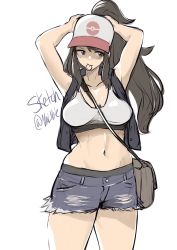 Rule 34 | bag, baseball cap, breasts, brown eyes, brown hair, creatures (company), crop top, denim, denim shorts, game freak, hair tie, hair tie in mouth, hat, highres, hilda (pokemon), jacket, large breasts, long hair, looking to the side, mouth hold, navel, nintendo, open clothes, open jacket, pokemon, ponytail, satchel, shorts, thighs, torn clothes, torn shorts, tying hair, vialnite
