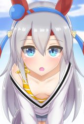 Rule 34 | 1girl, absurdres, animal ears, blue eyes, blurry, blurry background, breasts, cloud, downblouse, extended downblouse, fang, grey hair, hair ornament, hairband, headband, highres, horse ears, horse girl, horse tail, katsuragi b k, leaning forward, long hair, looking at viewer, off shoulder, open mouth, outdoors, shorts, single bare shoulder, sky, small breasts, solo, striped, striped tank top, tail, tamamo cross (umamusume), tank top, textless version, umamusume