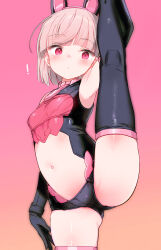 Rule 34 | animal ears, ass, blonde hair, blunt bangs, character request, copyright request, elbow gloves, fake animal ears, gloves, gradient background, navel, pink background, pink eyes, rabbit ears, shimada fumikane, short hair, split, standing, standing on one leg, standing split